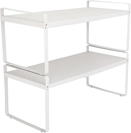 Set of 2 Expandable Cabinet Shelf Organizer, White Kitchen Countertop Shelves, Stackable Metal Pantry Storage Organizer for Cupboard, Spice Rack