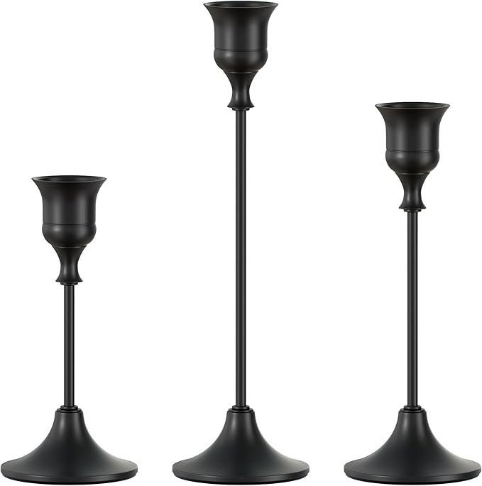 FSyueyun Black Candle Holder Set of 3, Elegant Metal Candlestick Holders for Vintage Taper Candle Holders, Perfect for Table Centerpieces, Fireplace Mantels, Home Decor, Weddings and Party Decorations