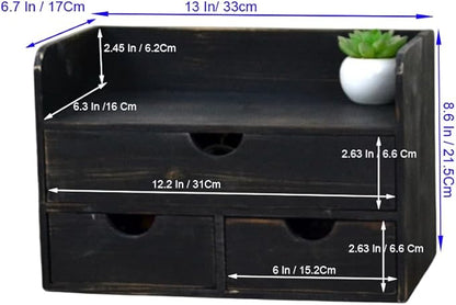 Vintage Rustic Wooden 3 Drawer with Shelf Office Desk Organizer & Mail Rack For Desktop,Box for Office Home Toiletries Supplies Vanity, No Assembly Required (Rustic Black)