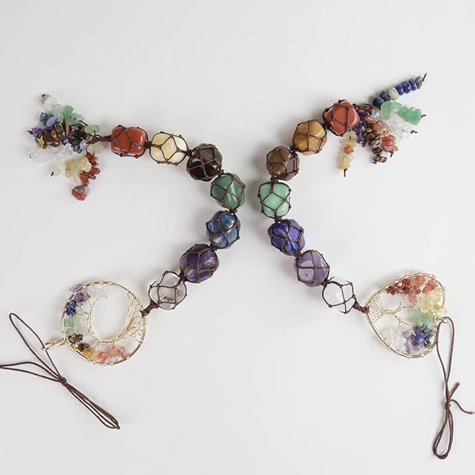 2 Pieces of 7 Chakras Healing Crystals and Tree of Life Wall Hanger Tumbled Gemstones Meditation Hanging Ornament Christmas Tree Memorial Hanging Pendant (Style 4)