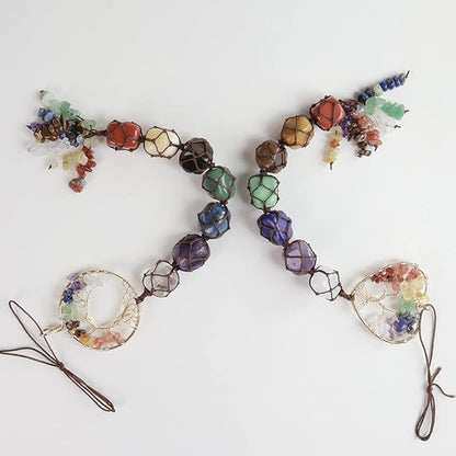 2 Pieces of 7 Chakras Healing Crystals and Tree of Life Wall Hanger Tumbled Gemstones Meditation Hanging Ornament Christmas Tree Memorial Hanging Pendant (Style 4)