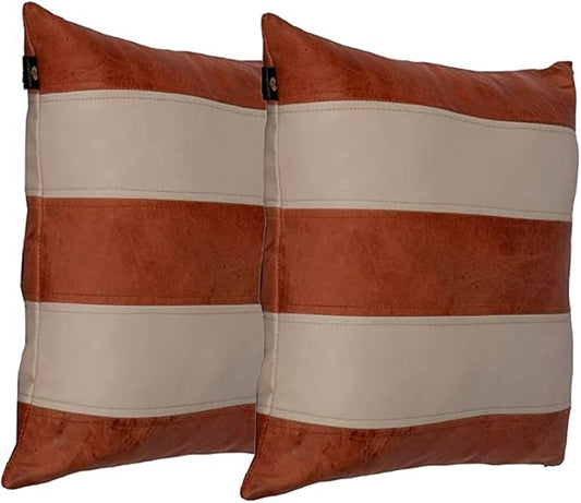 Lambskin Leather Pillow Cover - Sofa Cushion Case - Decorative Throw Covers for Living Room & Bedroom, 20x20 Inches - Tan and Beige Pack of 2