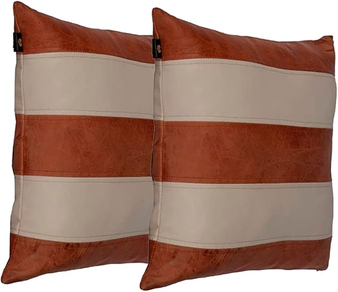Lambskin Leather Pillow Cover - Sofa Cushion Case - Decorative Throw Covers for Living Room & Bedroom, 22x22 Inches - Tan and Beige Pack of 2