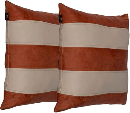 Lambskin Leather Pillow Cover - Sofa Cushion Case - Decorative Throw Covers for Living Room & Bedroom, 14x14 Inches - Tan and Beige Pack of 2