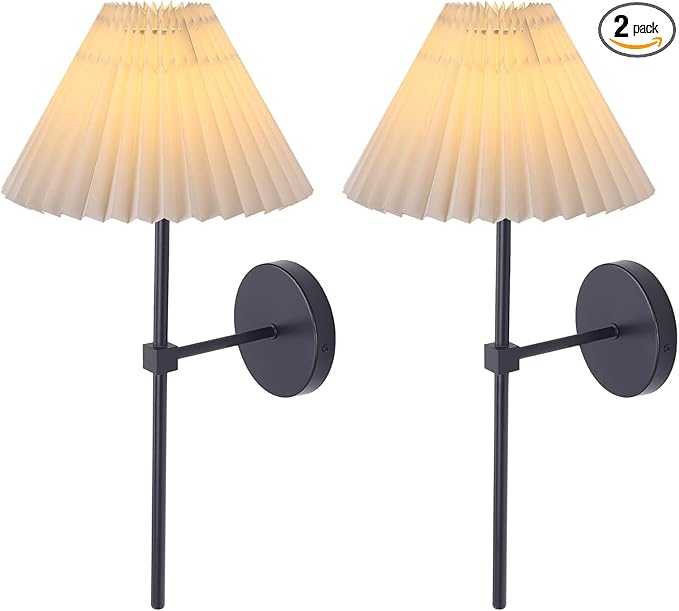 Wall Sconces Sets of 2, White Pleated Fabric lampshade Matte Black Wall Lamp, Column Bracket Wall Lighting, Bathroom Dresser Hardwired lamp Fixture, Applicable to Living Room, Bedroom and Dining Room