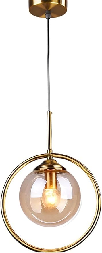 Pendant Light Modern Minimalist Hanging Lamp with Spherical Glass Shade and Brass Metal Ring Adjustable Height for Dining Room Bedroom Living Room (Amber)