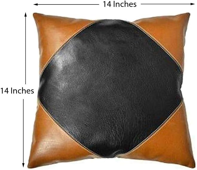 LL LEATHER LOVERS Lambskin Leather Pillow Cover - Sofa Cushion Case - Decorative Throw Covers for Living Room & Bedroom, 14x14 Inches - Camel Black Pack of 2
