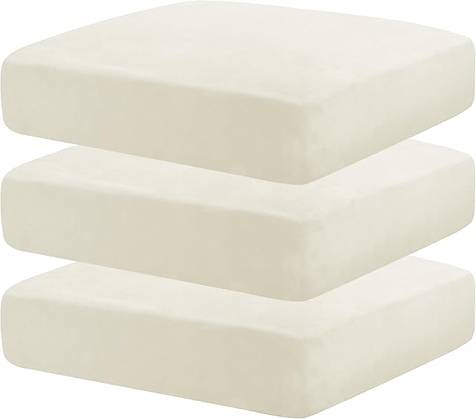 MAXIJIN Velvet Stretch Cushion Covers Fitted Couch Cushion Slipcovers Sofa Seat Cushion Covers for Individual Cushions with Elastic Bottom (3 Piece Sofa Seat Slipcovers, Beige)