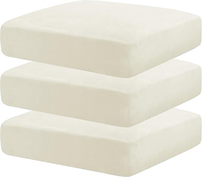 MAXIJIN Velvet Stretch Seat Cushion Covers Couch Cushion Cover for Individual Cushions Sofa Seat Cushion Slipcovers with Elastic Bottom (3 Piece XL Sofa Cushion Covers, Beige)
