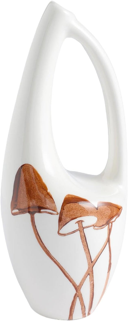 Unique Hand Painted Ceramic Mushroom Vase – Modern White Hollow Sculptural Vase – 8.7 Inch Tall Aesthetic Cottagecore Decor – Artisan Pottery for Flowers, Bookshelf, and Living Room Centerpiece