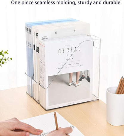 Acrylic Magazine Holder, 4 PCS File Magazine & Book Storage Rack for Office Desk, Clear Book Organizer with 3pcs Silicone Automatic Bookmarks (4)