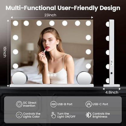 VESAUR Hollywood Vanity Mirror with Lights, Large Lighted Makeup Mirror with 15 Touch Dimmable LED Bulbs, 3 Colors,10X/15X Magnification, USB/Type-C Charging Port, Aluminum Frame, Tabletop/Wall Mount