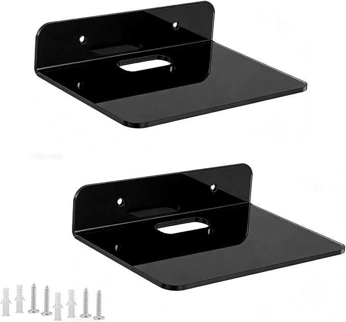 Small Floating Shelves Acrylic Wall Shelf 2 Pack Hanging Shelves for Bedroom, Gaming Room, Living Room, Bathroom, Office with Cable Clips (Black)