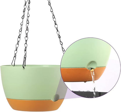 Lookat 2 Pack Plastic Hanging Planters 10 Inch Hanging Pots with Drainage Hole for Indoor Outdoor Plants, Round Hanging Basket with Removable Tray for Home Garden Porch Balcony Patio Decor