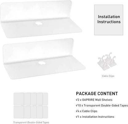 OAPRIRE Acrylic Floating Shelves Set of 2 - Damage Free Expand Wall Space - 9 Inch Adhesive Shelf for Bedroom, Bathroom, Kitchen, Shelves for Wall Decor with Cable Clips (Frosted)