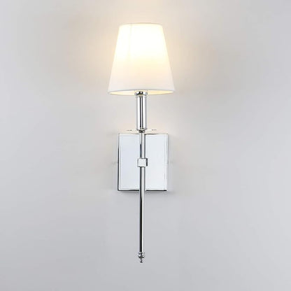 PERMO Set of 2 Classic Rustic Industrial Wall Sconce Lighting Fixture with Flared White Textile Lamp Shade and Chrome Tapered Column Stand, Hardwired, E26 Base