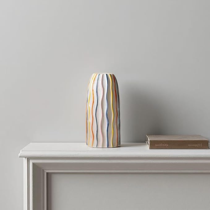 Handmade Beige Ceramic Vase with Colorful Stripes,Modern Boho Home Decor Centerpiece, Unique Holiday&Housewarming Present for Women (Style B)