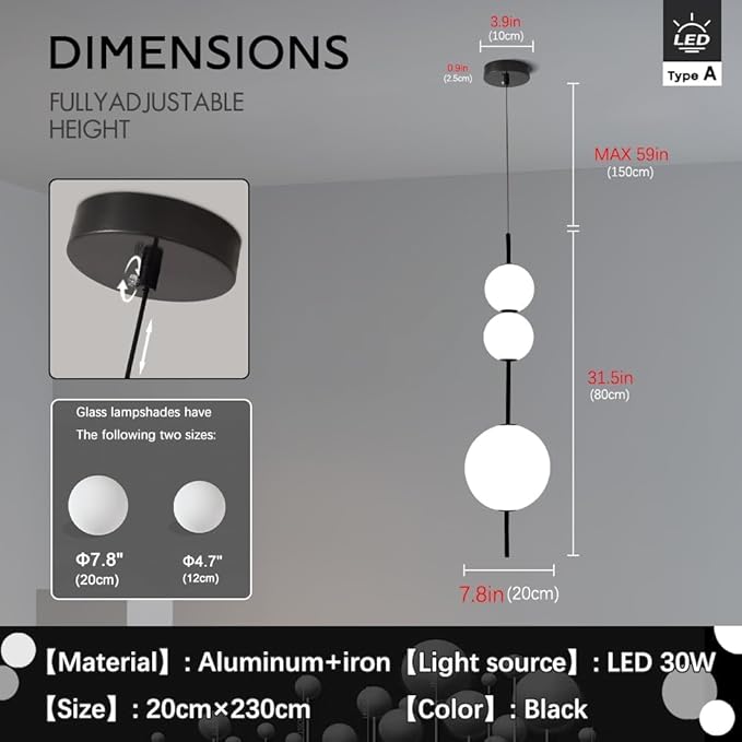 Modern LED Island Chandelier, White Acrylic Spherical Pendant Light, 30W Dimmable Black Ceiling Light, Adjustable Hanging Light Fixture, Suitable for Kitchen Island Dining Room Bedroom Living Room