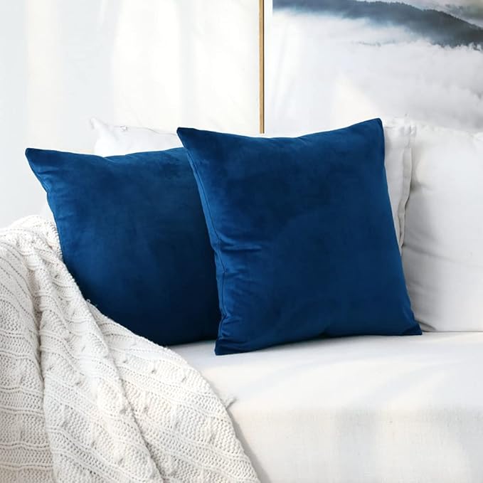 Set of 2 Comfortable Throw Pillow Cover for Bedding, Decorative Accent Cushion Sham Case for Couch Sofa, Soft Solid Velvet with Zipper Hidden - 20"x20", Prussian Blue