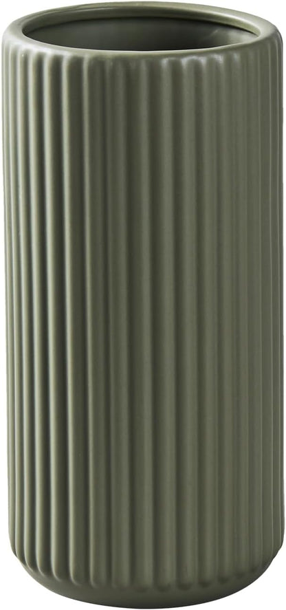 Green Ceramic Flower Vase for Pampas Grass, 8 inch Small Decorative Centerpiece Ribbed Vase for Dining Table, Office Desktop, Shelf Bookshelf, Mantel, Entryway, Bathroom, Countertop, Farmhouse, Gift
