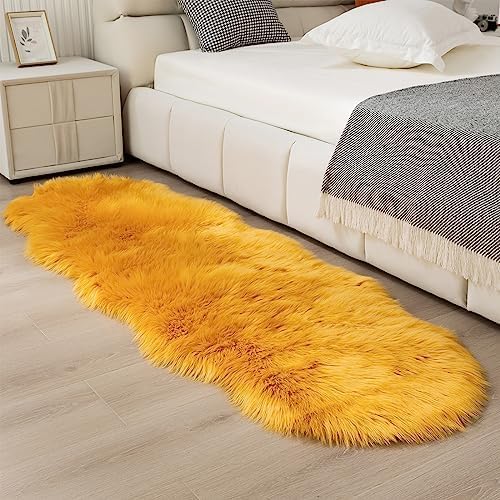 Faux Fur Rug Runner 2x6 ft Yellow - Machine Washable Super Soft Plush Shaggy Fluffy Area Carpet,Sheepskin Rug Fuzzy Floor Mat for Bedroom, Sofa,Living Room, Bedside, Nursery & Kids Room