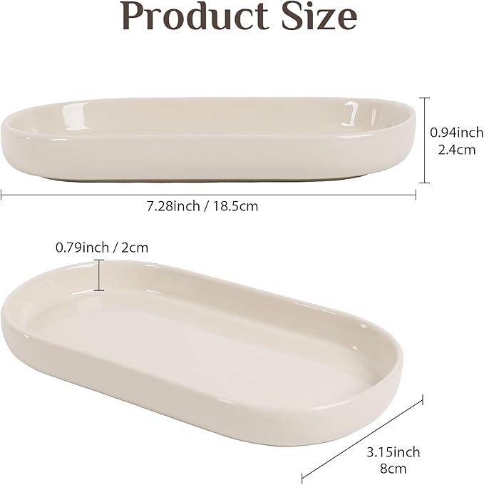 Ceramic Jewelry Tray – Oval Vanity Dish for Rings, Earrings, Bracelets – Minimalist Decorative Trinket Holder for Dresser, Bathroom, Nightstand – Cream White