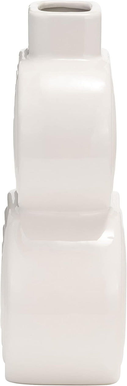 Decorative Flower Vase for Home Decor – Ceramic Modern Flower Vase with Stacked Design, Stylish Table Centerpiece for Living Room or Entry Display - Boho for Faux Flowers and Greenery – 10", White