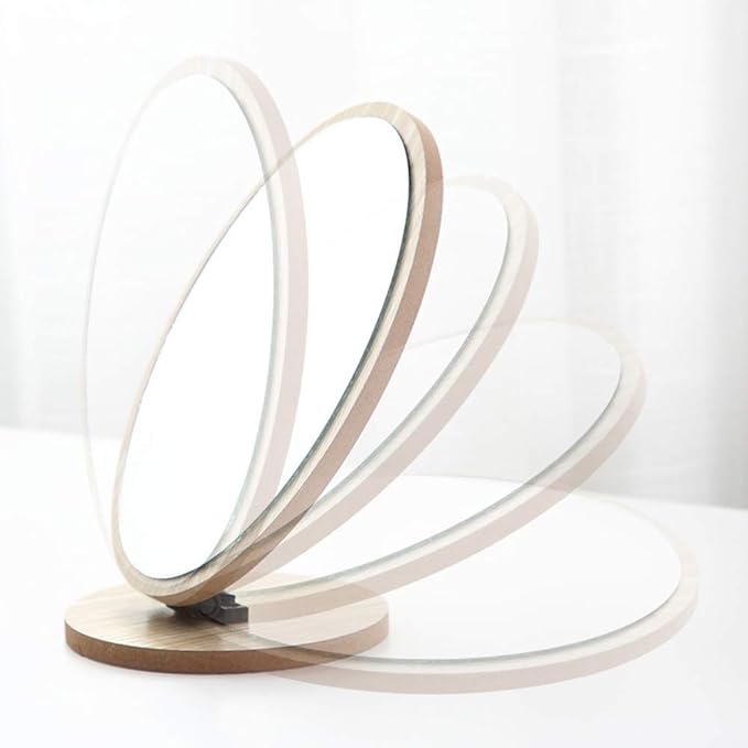 Aestivate Round Compact Table Mirror - Standing Wood Framed, 90 Degree Rotating for Makeup & Cosmetic