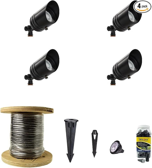 VOLT 12V Brass Fat Boy LED Outdoor Spotlight 4-Pack Expansion Kit (Black) for Low Voltage Landscape Lighting of Yard, Lawn, Garden, Patio, Trees & House