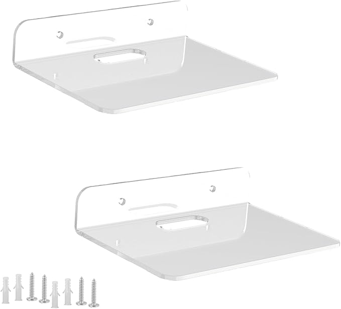 Small Floating Shelves Acrylic Wall Shelf 2 Pack Hanging Shelves for Bedroom, Gaming Room, Living Room, Bathroom, Office with Cable Clips (Clear)
