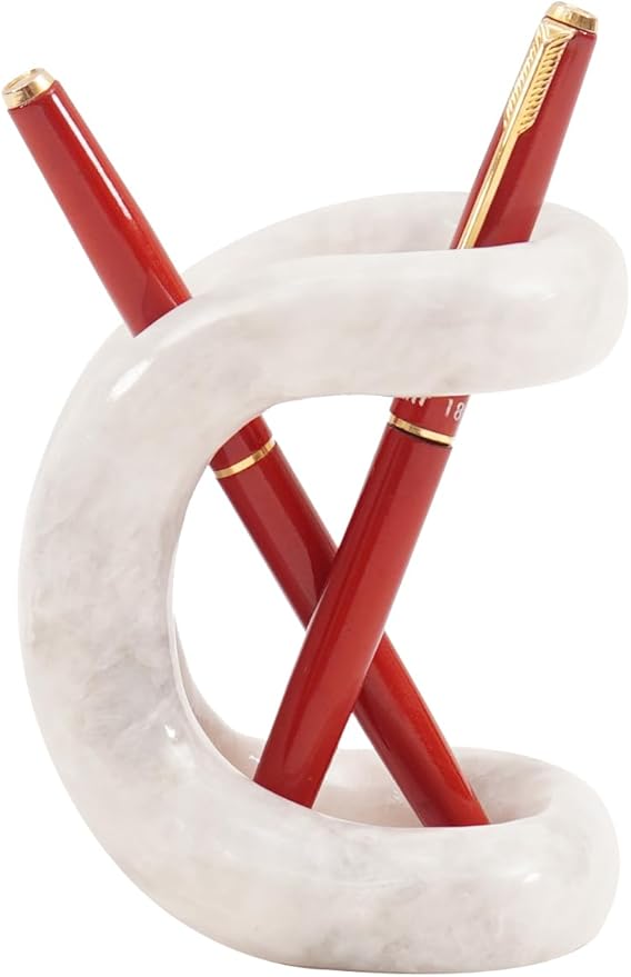 Marble Pen Holder for Desk 4 Inch White Pencil Holder for Desk Accessories & Workspace Organizers - Stone Stationary Holders for Office Decor - Pen Organizer for Gifts