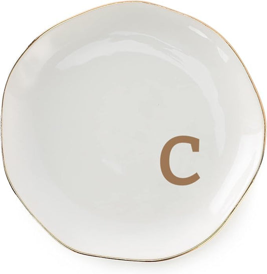 Initials Ring Dish Jewery Tray with personalized C-Monogrammed Gifts Wedding Engagement for Women Friends sister,Ceramic White