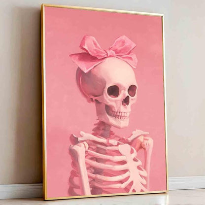 Pink Skeleton Wall Art Vintage Skull Poster Pink Bow Pictures Cute Bow Pictures Quirky Trendy Wall Art Skeleton Funny Halloween Poster Aesthetic Living Room Decor 16x24inch No Frame