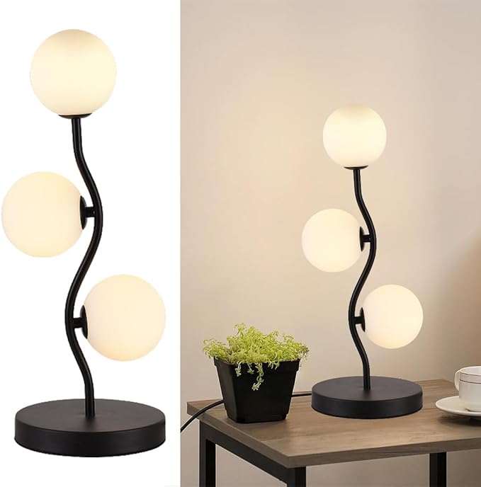 3-Light Curve Black Globe Table Lamp Mid Century Flower Beside Desk Table Light with Milk White Glass Shade Metal Base Nightstand Lamp for Bedroom Bedside