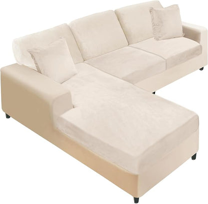 NAISI Sectional Couch Covers 6 Pieces Velvet Couch Cushion Covers L Shape Soft Stretch Sofa Slipcovers with 2pcs Pillowcases for Left/Right Chaise Sectional Couch(2 Seater+1 Chaise+3 Back,Beige)