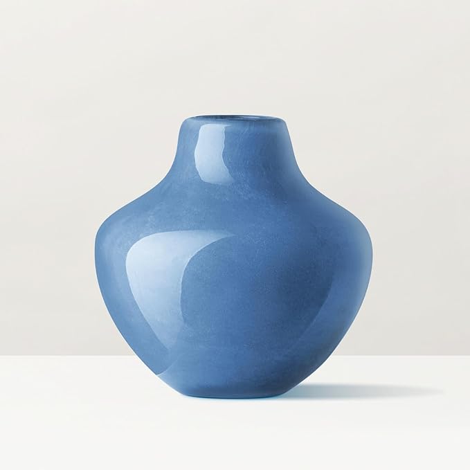 Torre & Tagus 4" Mouth Blown Art Glass Vase for Flowers - Opaque Blue Small Table Vase & Handmade Small Blue Accent for Coastal Home Decor, Neutral Bud Vases as Decorative Shelf Decor or Wedding