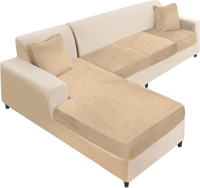 NAISI Sectional Couch Cover 4 Pieces Velvet Separate Couch Cushion Covers L Shape Soft Stretch Sofa Slipcovers with 2pcs Pillowcases for Left/Right Chaise Sectional Sofa(3 Seater+1 Chaise,Camel)