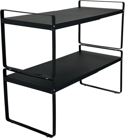 Set of 2 Expandable Cabinet Shelf Organizer, Black Kitchen Countertop Shelves, Stackable Metal Pantry Storage Organizer for Cupboard, Spice Rack