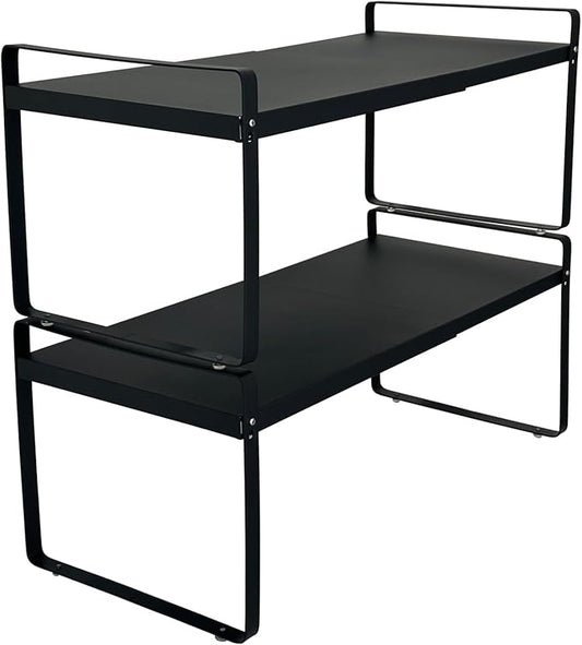 Set of 2 Expandable Cabinet Shelf Organizer, Black Kitchen Countertop Shelves, Stackable Metal Pantry Storage Organizer for Cupboard, Spice Rack