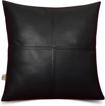 Lambskin Leather Pillow Cover, Hand Panel Stitched Leather Decorative Throw Pillow Covers for Couch Sofa Bed Living Room Garden (16x16 Inches, Black Pack of 1)
