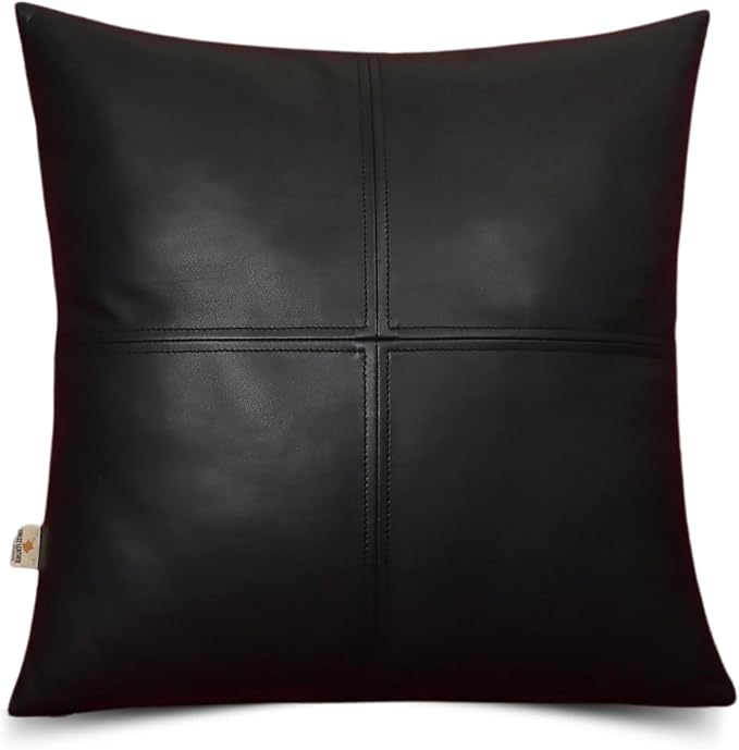 Lambskin Leather Pillow Cover, Hand Panel Stitched Leather Decorative Throw Pillow Covers for Couch Sofa Bed Living Room Garden (20x20 Inches, Black Pack of 1)