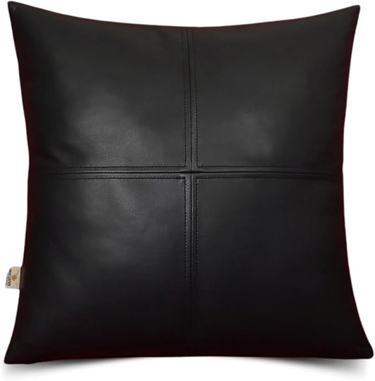 Lambskin Leather Pillow Cover, Hand Panel Stitched Leather Decorative Throw Pillow Covers for Couch Sofa Bed Living Room Garden (20x20 Inches, Black Pack of 1)
