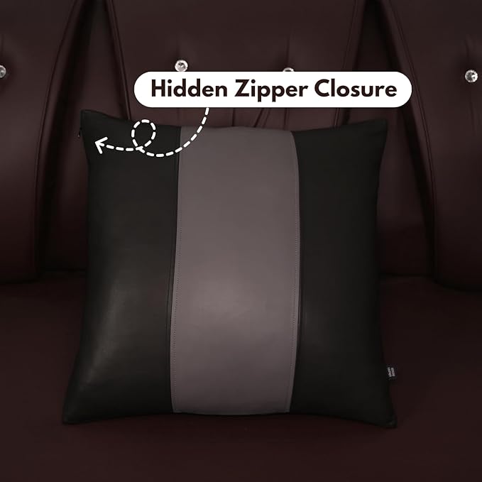 D DOLLY LAMB Lambskin Leather Pillow Cover - Sofa Cushion Case - Decorative Throw Covers for Living Room & Bedroom, 22x22 Inches - Black & Grey Plain