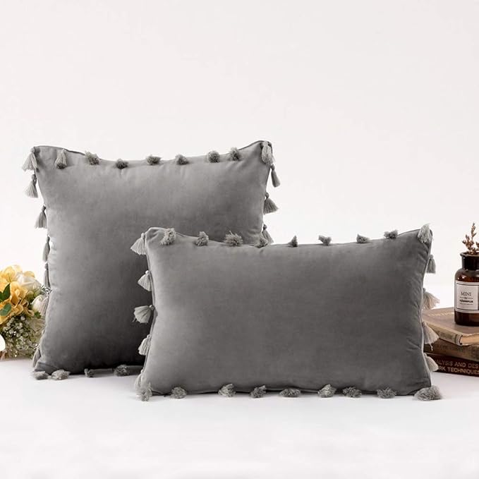 vctops Velvet Soft Solid Decorative Throw Pillow Cover with Tassels Boho Accent Cushion Case for Couch Bedroom Car Grey 18''x18''