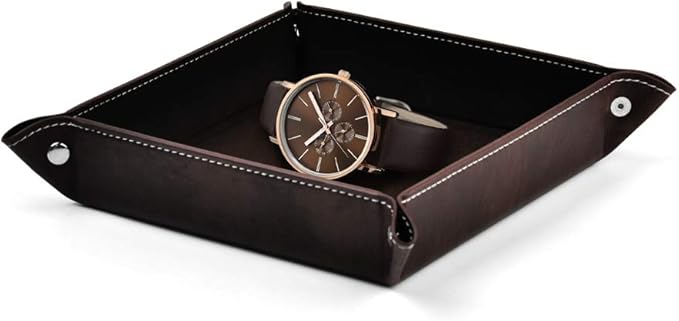 Oirlv Premium Leather Valet Tray for Men Jewelry Organizer, Desktop Storage,Key Wallets Cell Phones Catchall Tray Nightstand or Dresser Organizer Plate (Coffee)