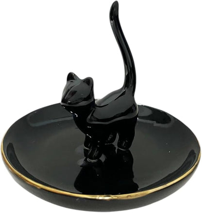 ROSA&ROSE Cat Ring Holder Trinket Tray Ceramic Jewelry Dish Porcelain Ring Organizer Gift for Women, Girlfriend or Valentine's Day (Black)