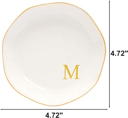Ceramic Jewelry Tray Initial Ring Dish Personalized M-Monogrammed Engagement Wedding Gifts, for Birthday Mother's Day Christmas for Women, Ceramic White 4.75" (M)