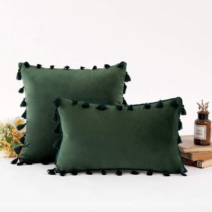 vctops Velvet Soft Solid Decorative Throw Pillow Cover with Tassels Boho Accent Cushion Case for Couch Bedroom Car Dark Green 20''x20''
