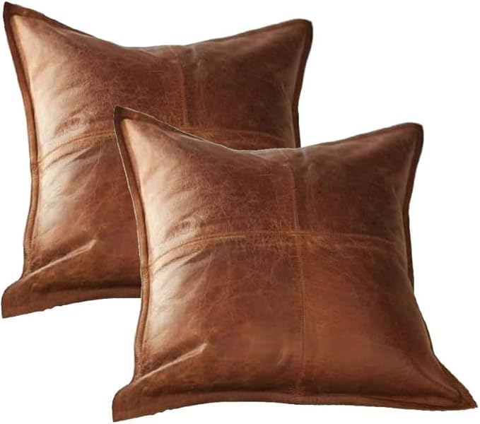 D DOLLY LAMB Lambskin Leather Pillow Cover - Sofa Cushion Case - Decorative Throw Covers for Living Room & Bedroom, 18x18 Inches - Antique Brown Box Pack of 2