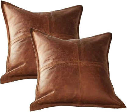 D DOLLY LAMB Lambskin Leather Pillow Cover - Sofa Cushion Case - Decorative Throw Covers for Living Room & Bedroom, 18x18 Inches - Antique Brown Box Pack of 2